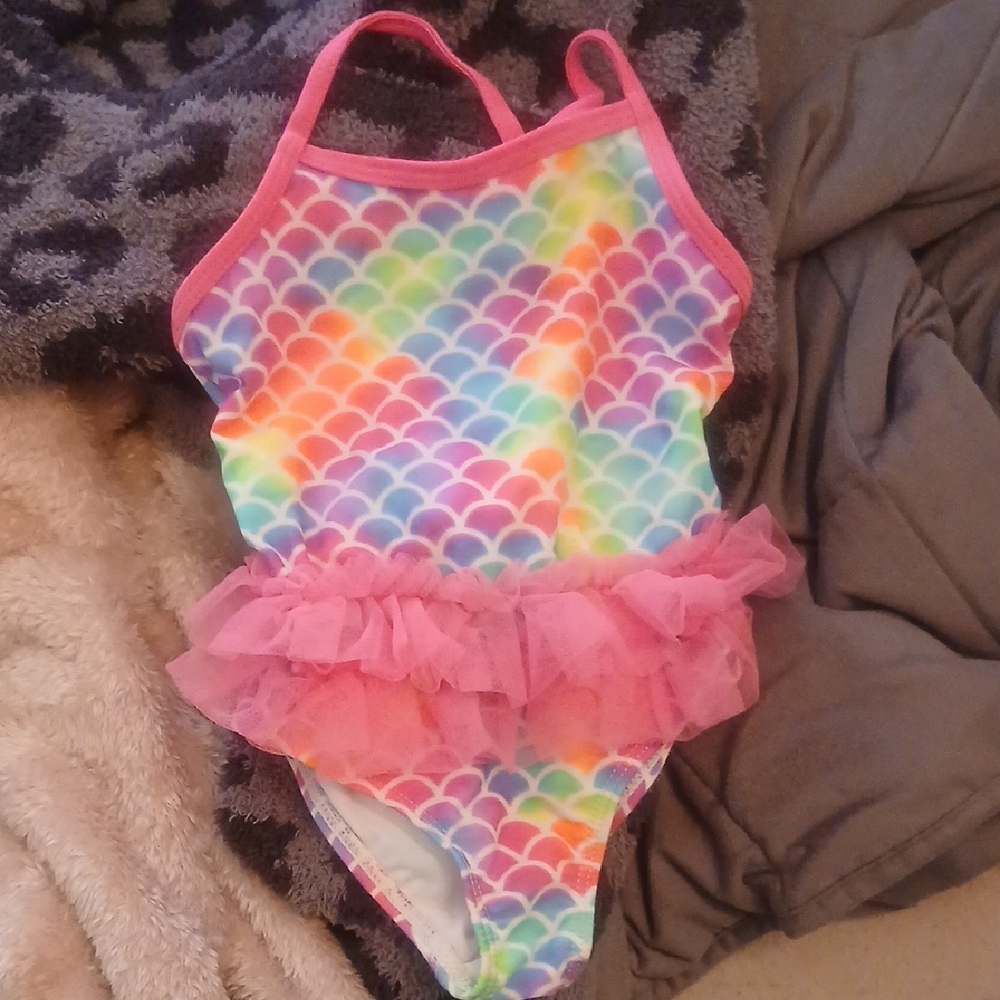 Girls Rainbow Mermaid Scale Ruffle One-Piece Swimsuit - Pink Trim
